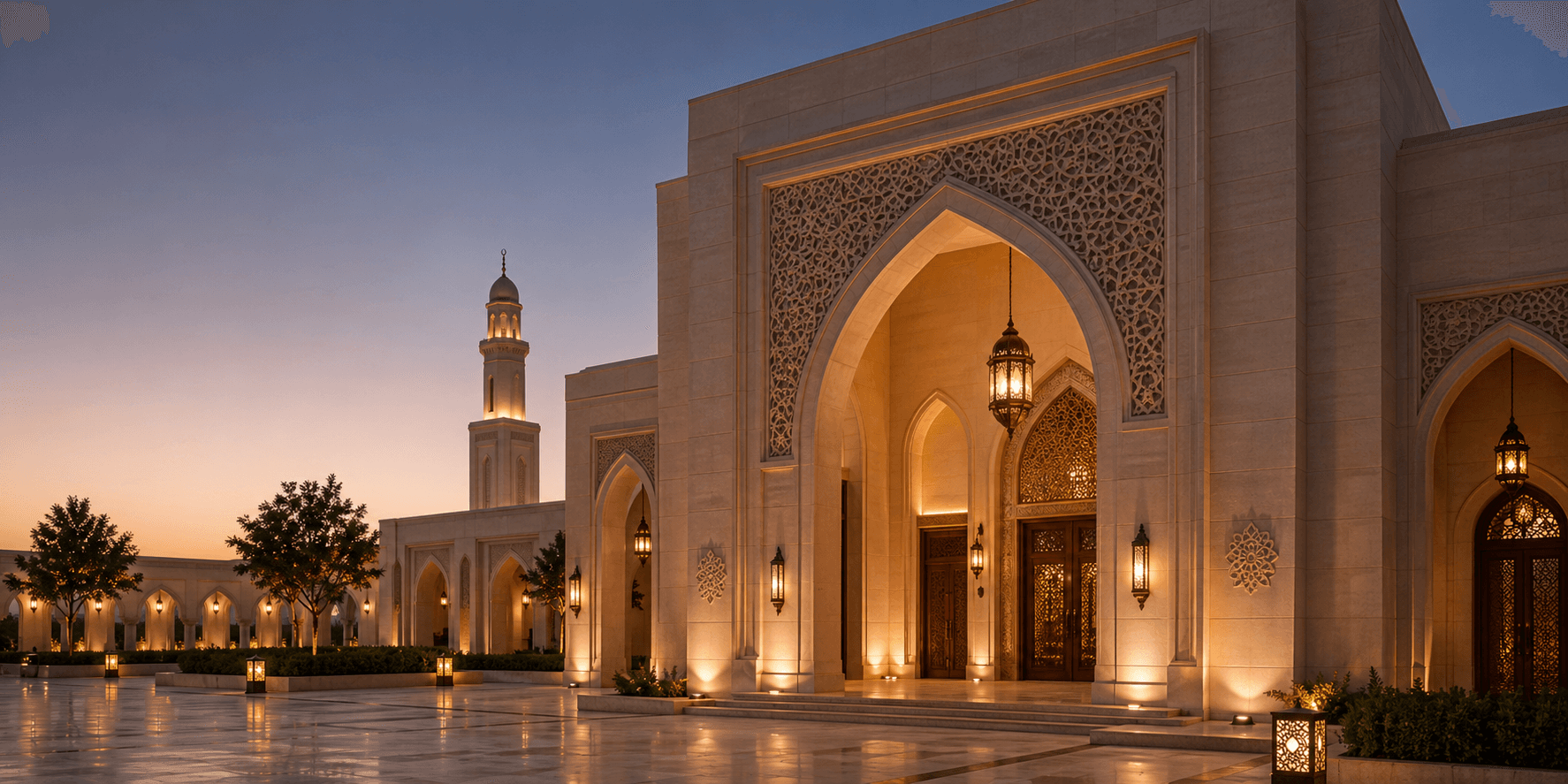 A calm Qatari mosque exterior for the mosque detail page