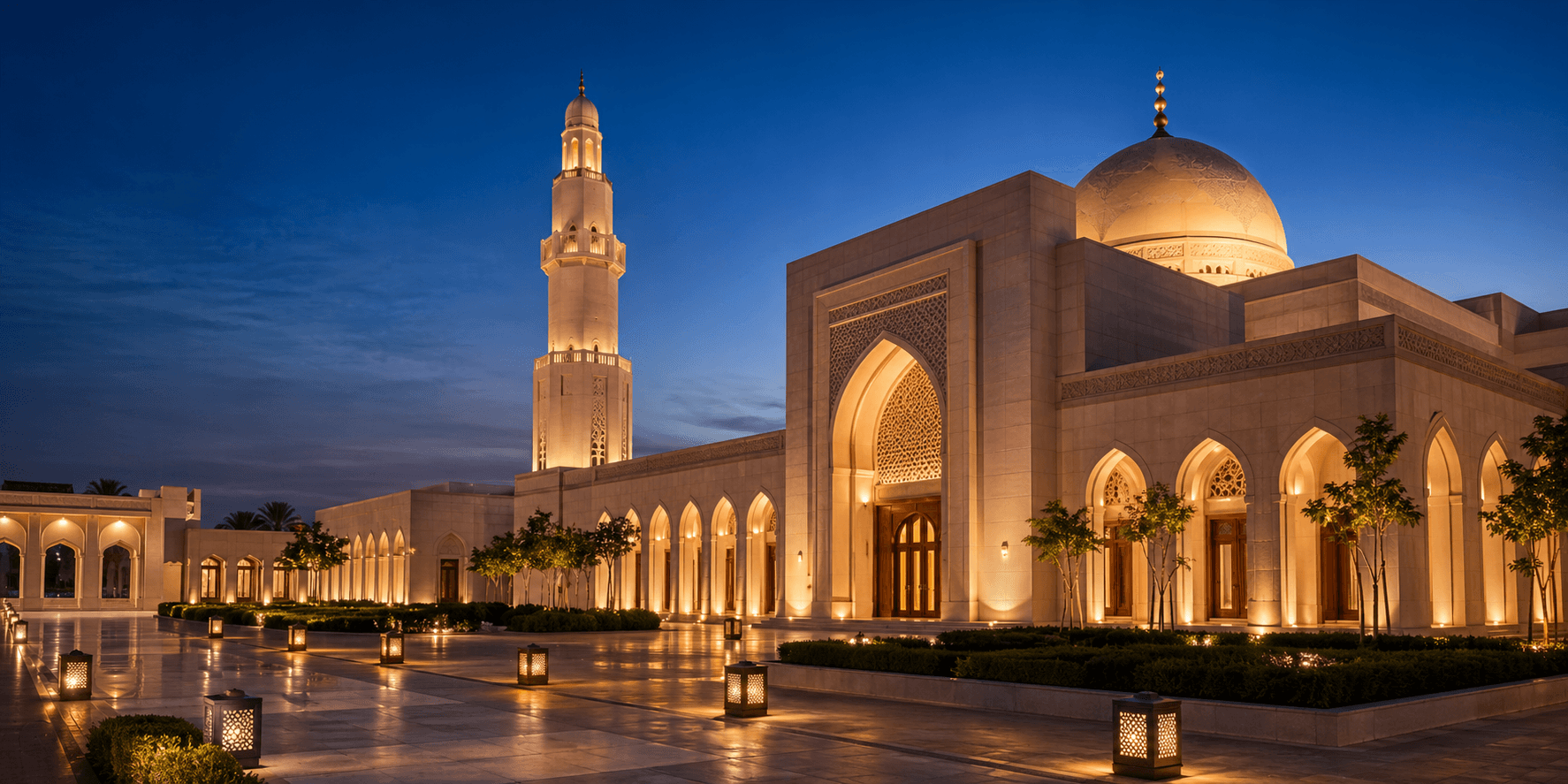 A calm Qatari mosque exterior adding visual presence to the mosque section