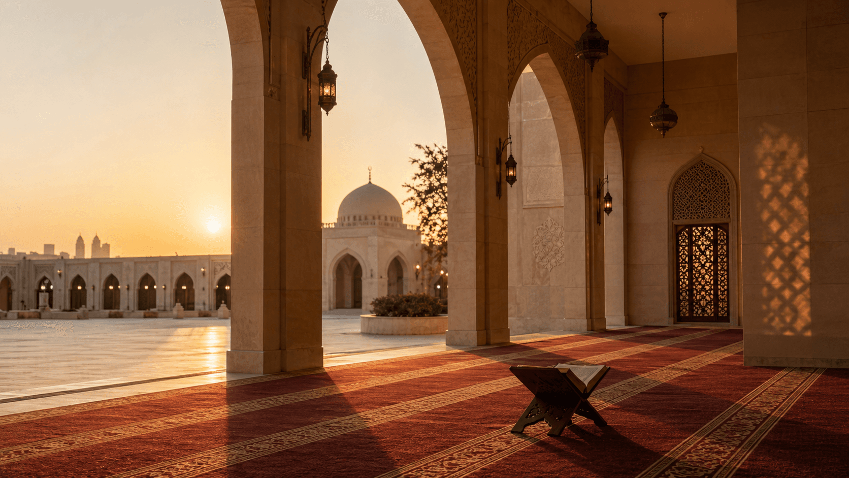 A calm sunrise mosque courtyard for the reflections section